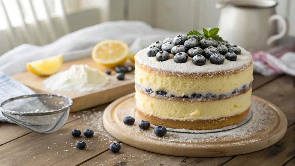 A three-layer lemon blueberry cake with creamy frosting, topped with fresh blueberries and lemon zest.