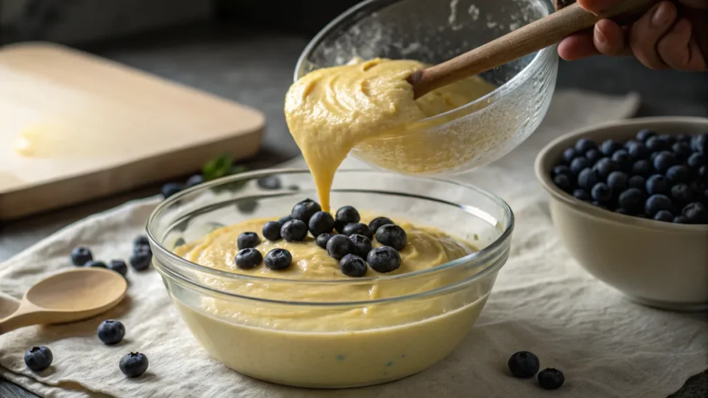 Mixing lemon cake batter in a bowl with fresh blueberries being added.