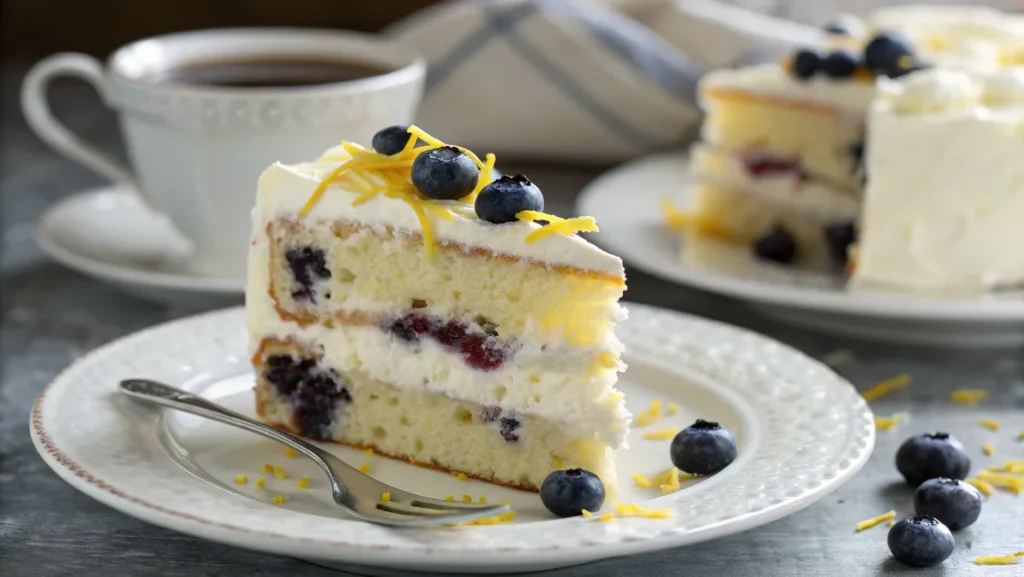 A slice of lemon blueberry cake on a plate, garnished with a blueberry and lemon zest.