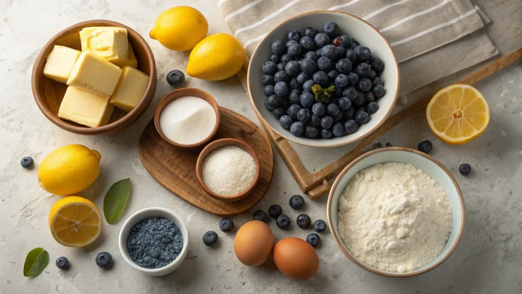 Fresh blueberries, lemons, flour, sugar, eggs, and butter arranged on a kitchen counter.